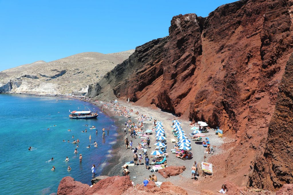 SANTORINI, GREECE - JULY 21, 2018: Red beach on Santorini island, Greece. Summer landscape, sea view.